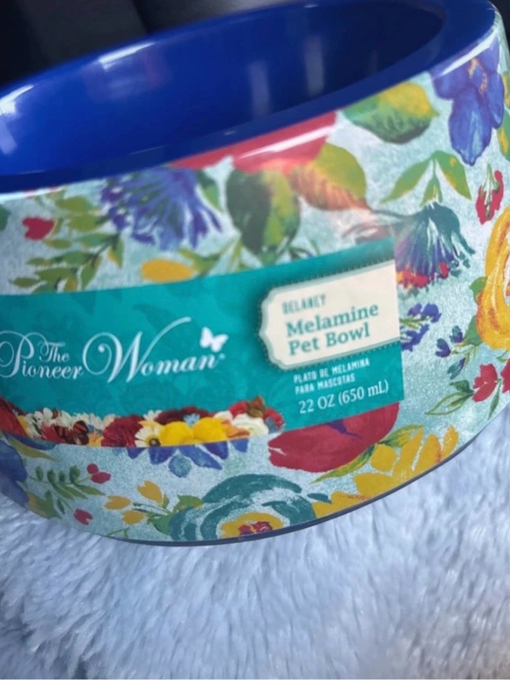 The Pioneer Woman Bright Blue Interior Floral Melamine Pet Bowl
